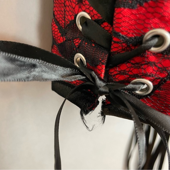 Velvet Kitten Corset Top Lace Up Black Red Halter Neck Tie Boning - Picture 9 of 13